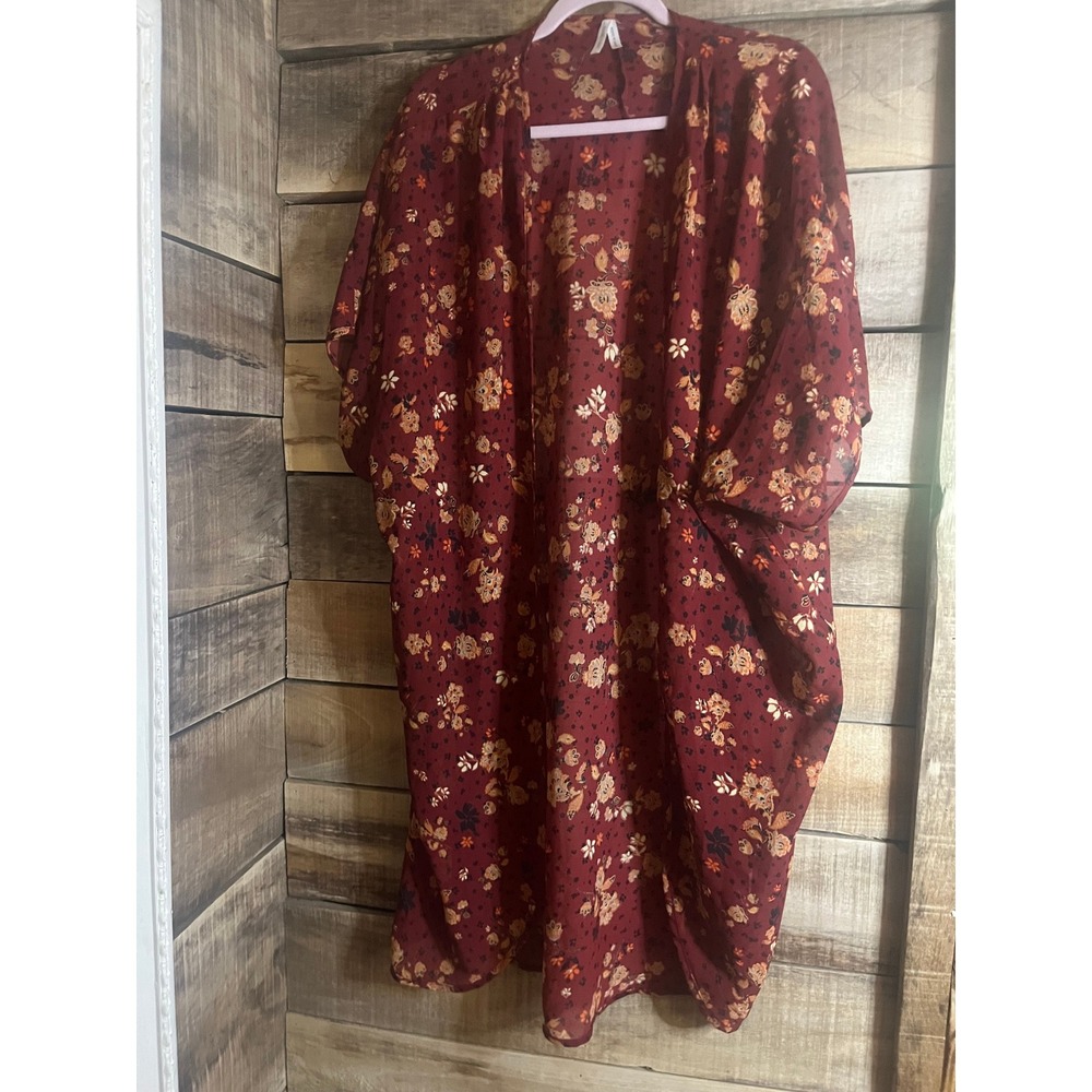 Live 4 Truth Burgundy Floral Open Front Kimono Wrap Cardigan Medium
